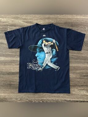 Tampa Bay Rays Evan Longoria Batting Portrait Graphic T-Shirt Majestic Sz M Rare